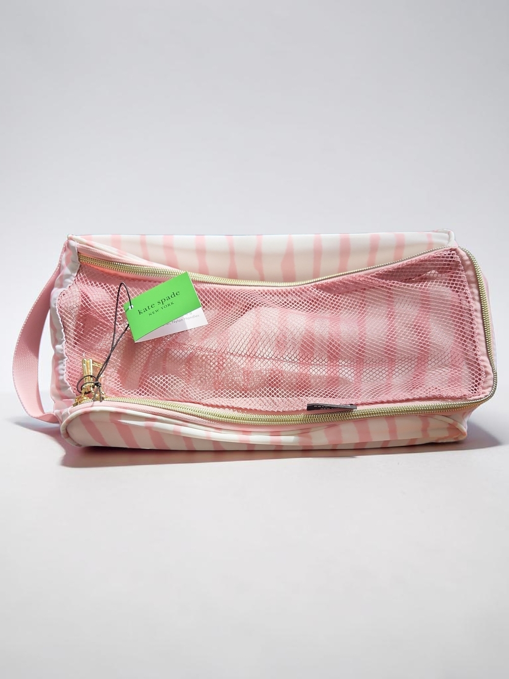 kate spade Pink and White Stripe Cosmetic Pouch with Mesh Top